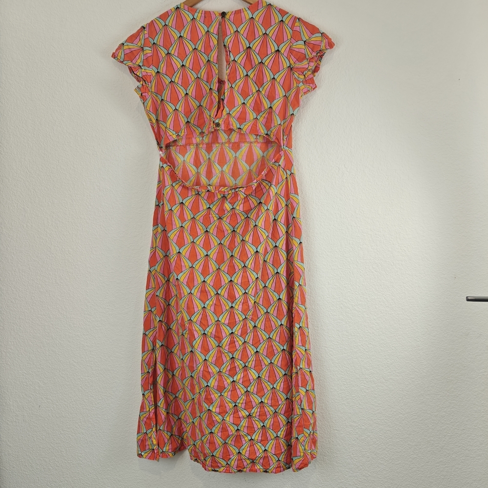 Kalimera Scalloped Geometric Cotton V-Neck Open Back Dress S/M Chic Summer Midi - Picture 9 of 16